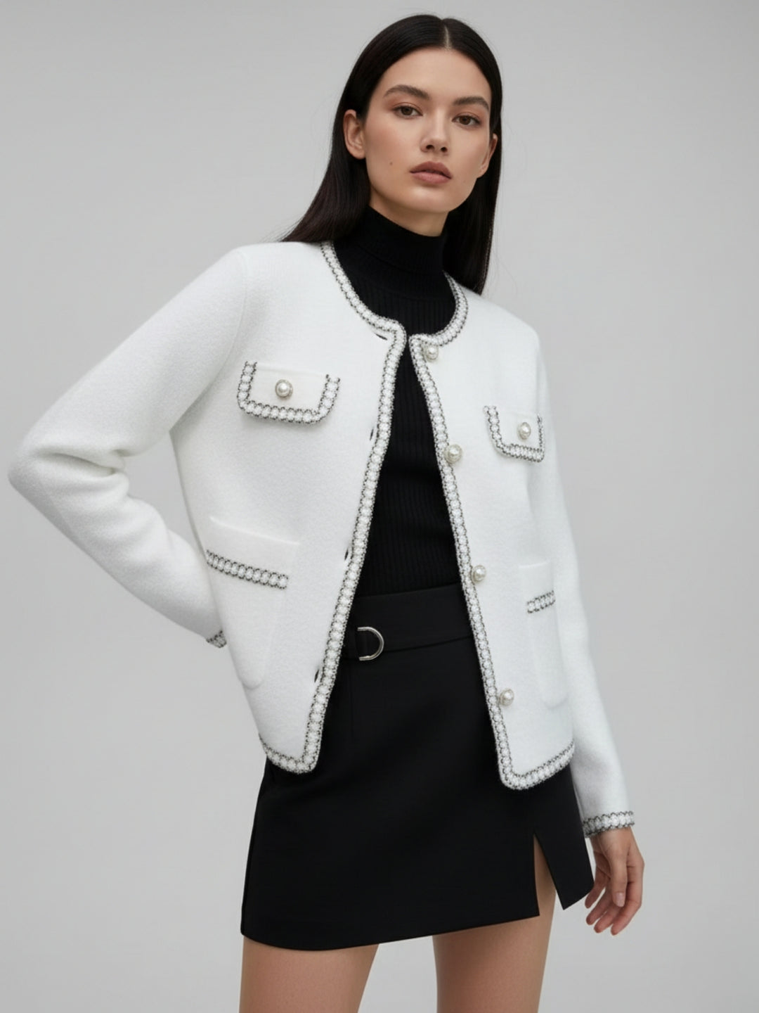 Off White Contrast Detailing Cardigan