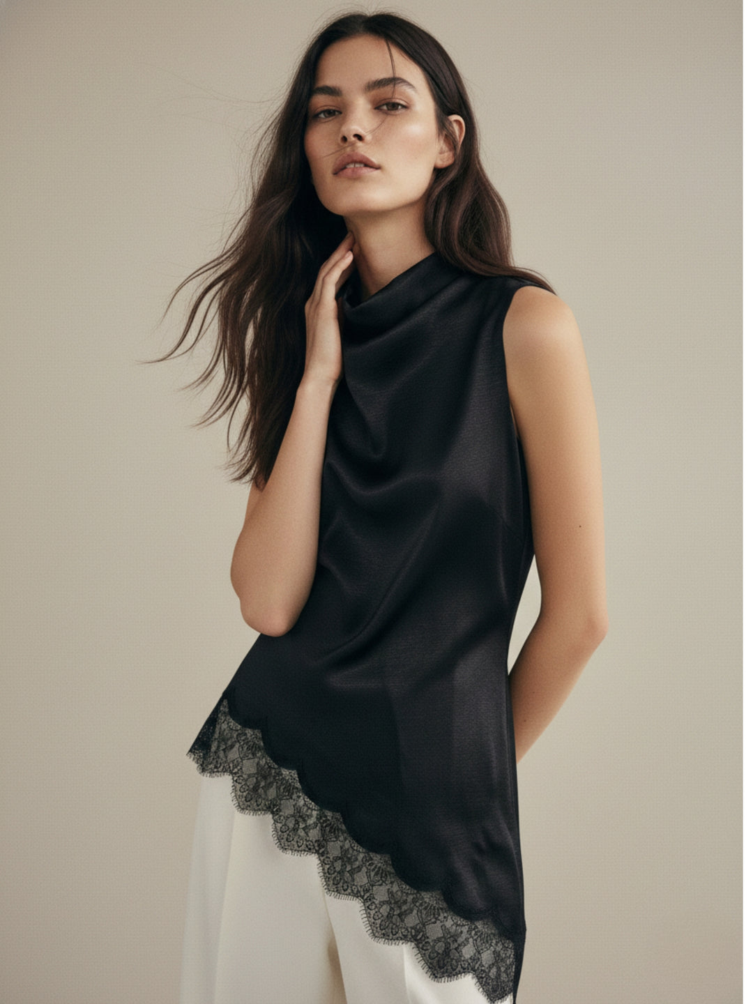 Black Mock Neck Lace Hem Top