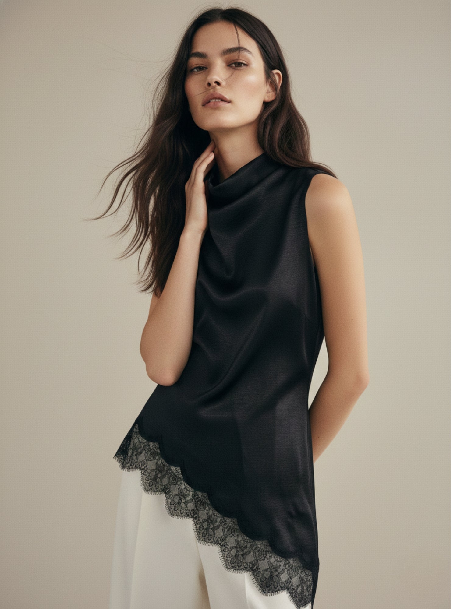 Black Mock Neck Lace Hem Top