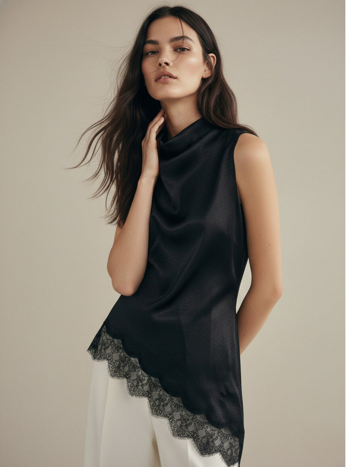 Black Mock Neck Lace Hem Top