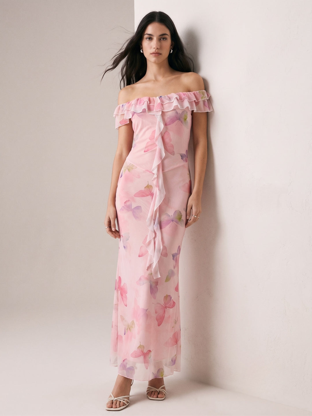 Pink Ruffled Off-Shoulder Printed Dress