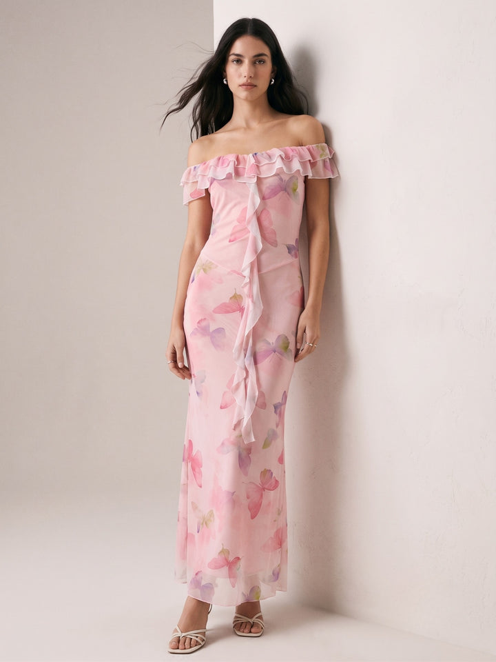Pink Ruffled Off-Shoulder Printed Dress