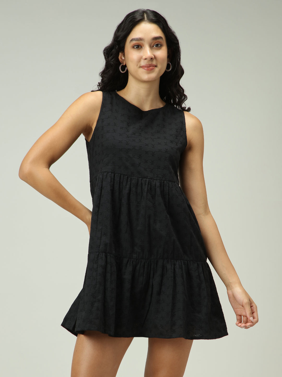 Black Mini Tiered Schiffli Dress