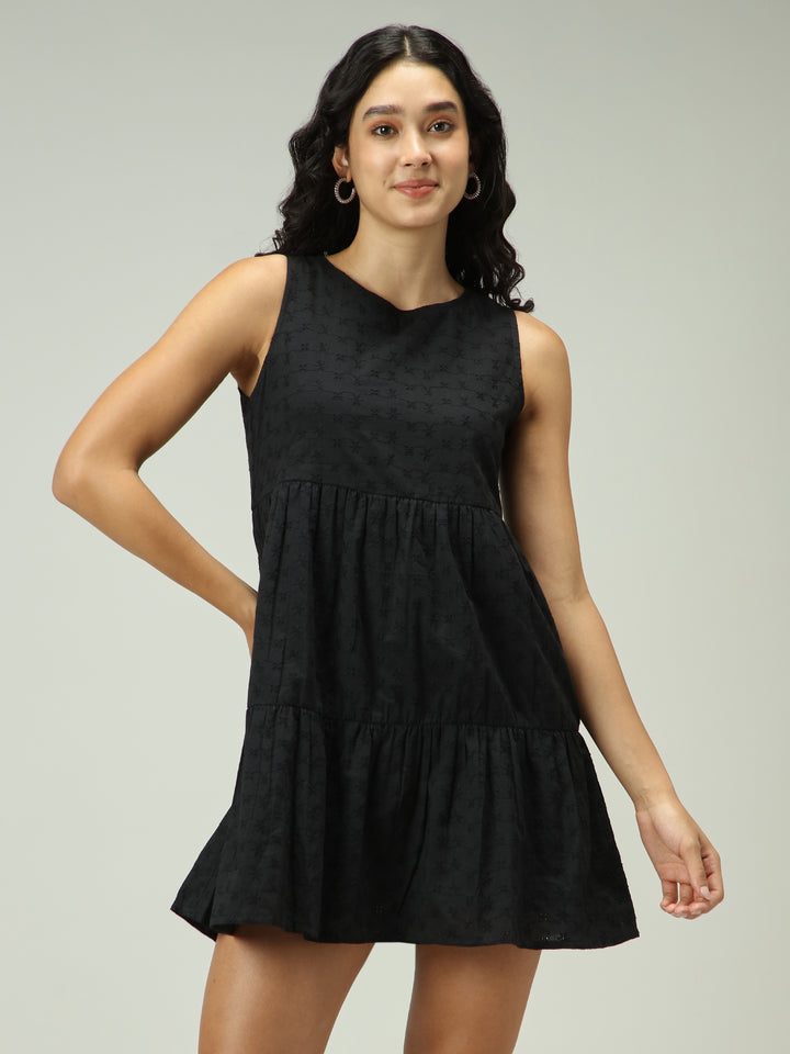 Black Mini Tiered Schiffli Dress