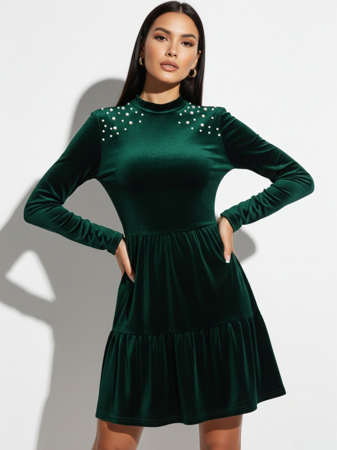 Dark Green High Neck Studded Evening Dress