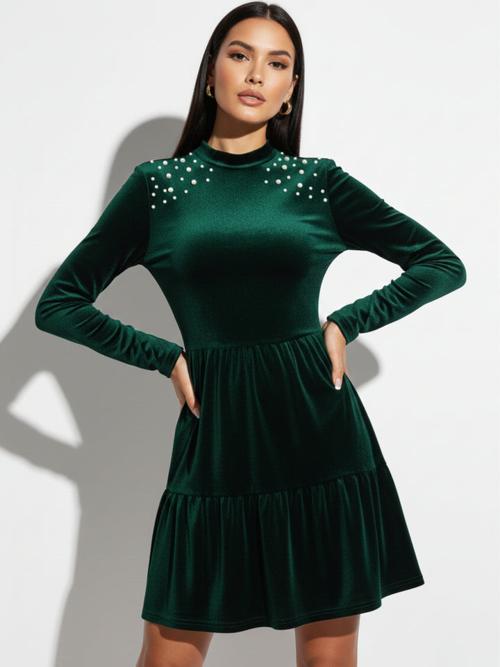 Dark Green High Neck Studded Evening Dress