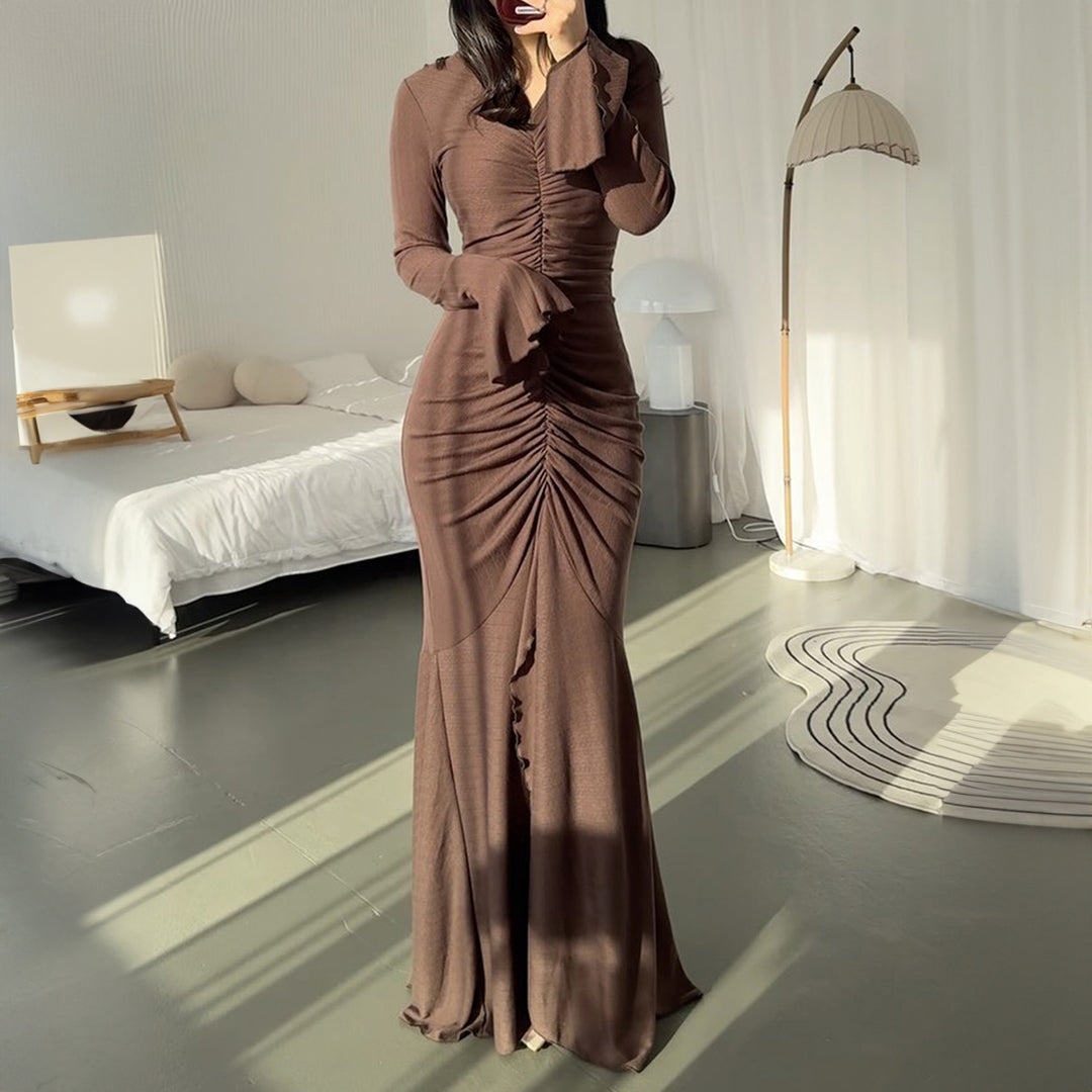 Brown Bell Sleeve Front Ruched Dress