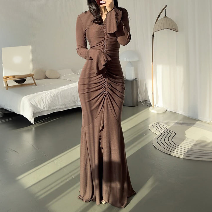 Brown Bell Sleeve Front Ruched Dress