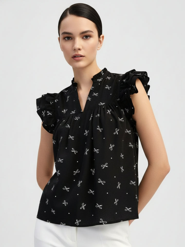 Black Ruffle Sleeve Printed Top
