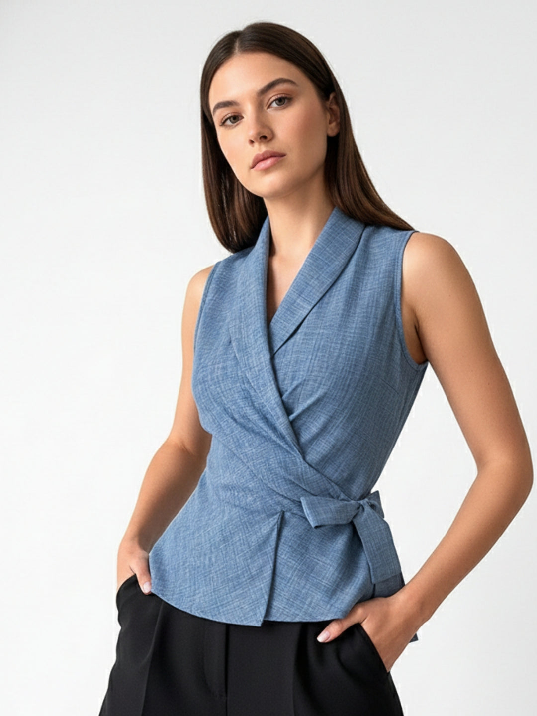 Blue Lapel Collar Wrap Top With Side Tie Detail