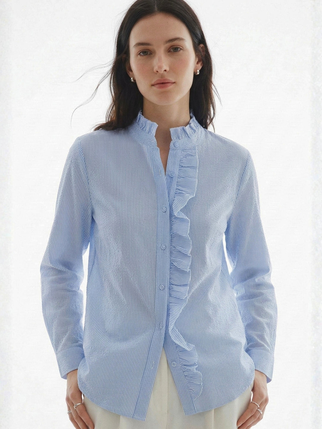 Blue Full Sleeve Ruffle Detail Shirt