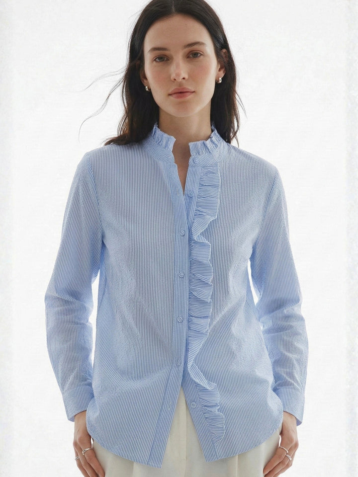 Blue Full Sleeve Ruffle Detail Shirt