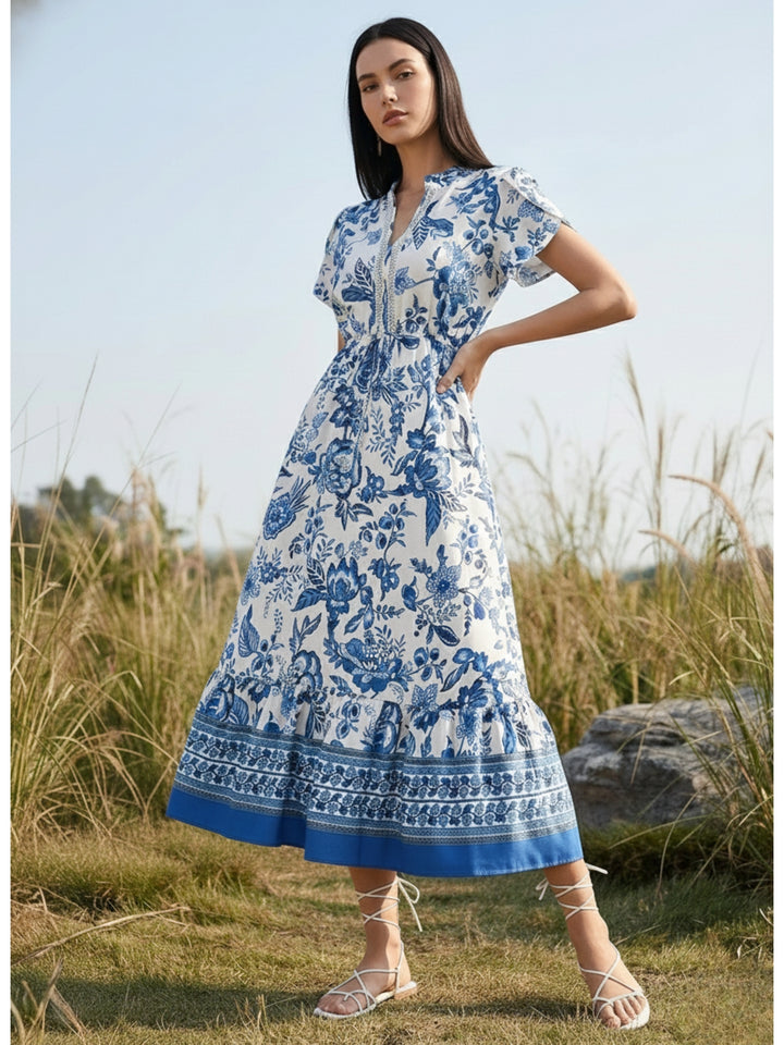 Blue Short Sleeve Collared Neck Printed Dress