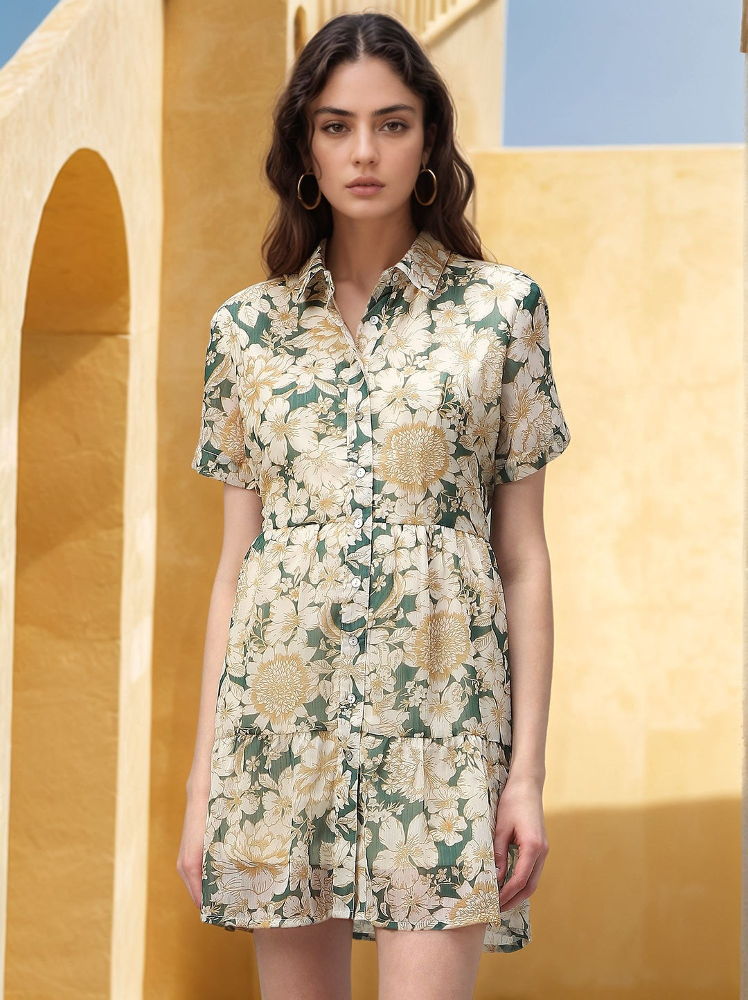 Green Bold Floral Tiered Dress