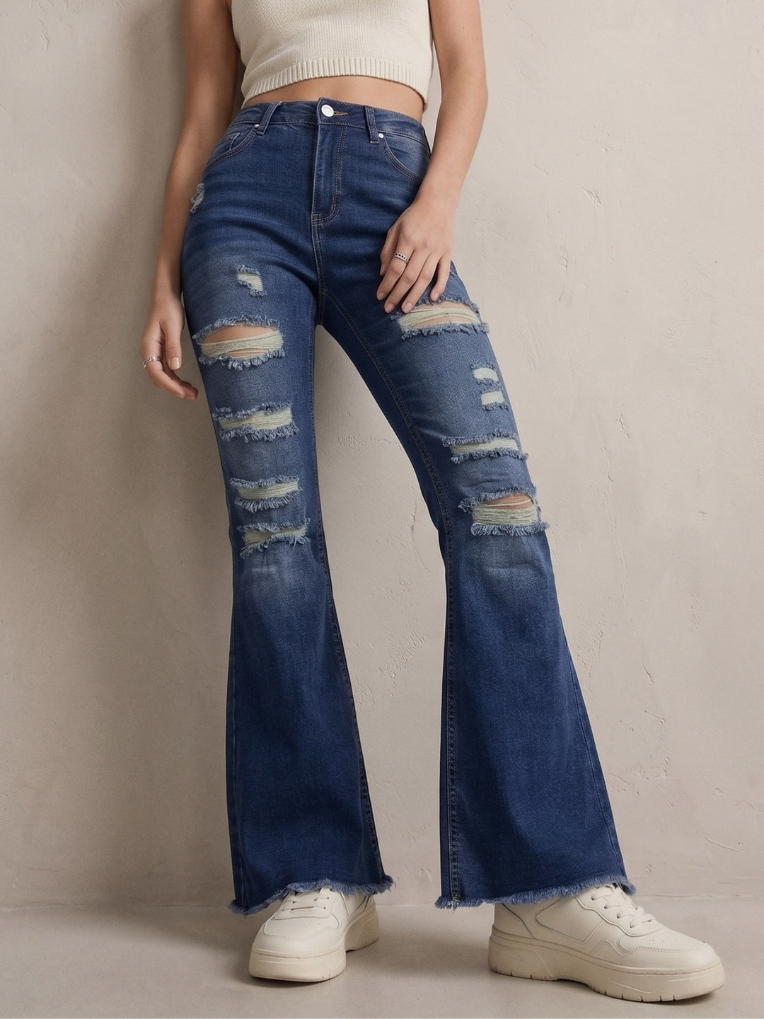 Navy Blue Mid Rise Distressed Jeans