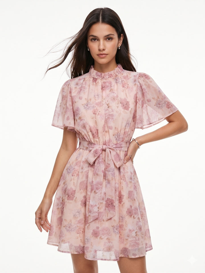 Pink Flare Sleeve Printed Dress
