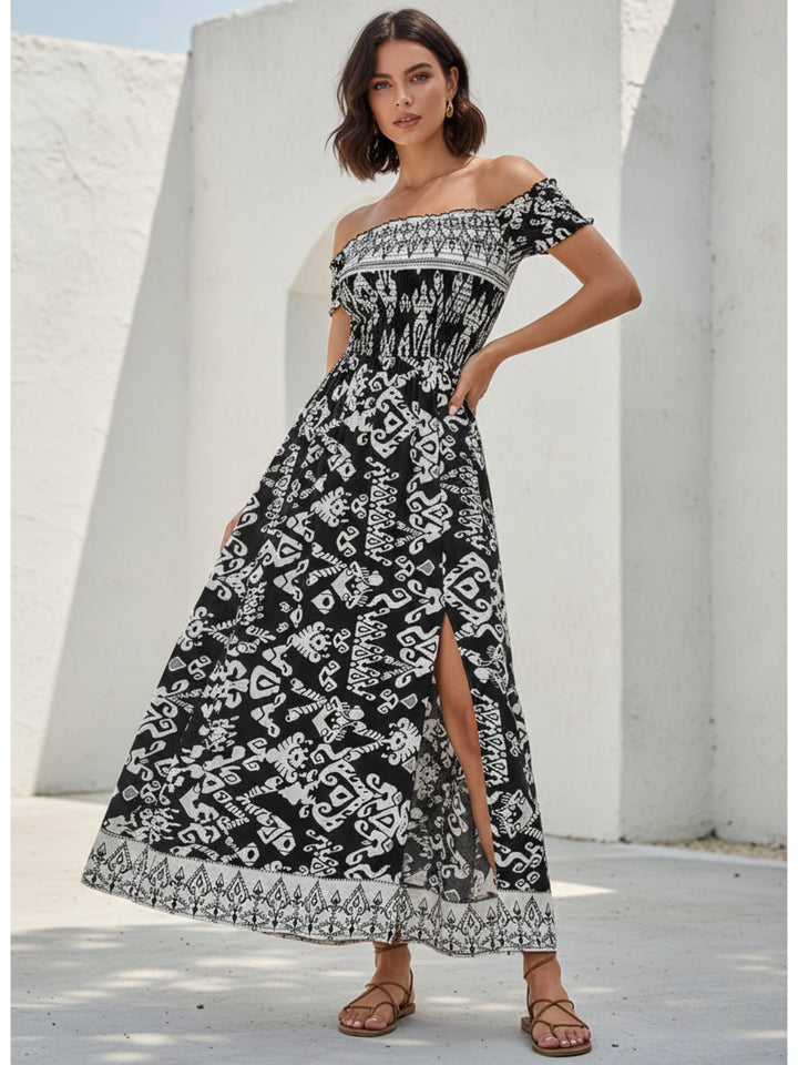 Black Off Shoulder Printed Dress