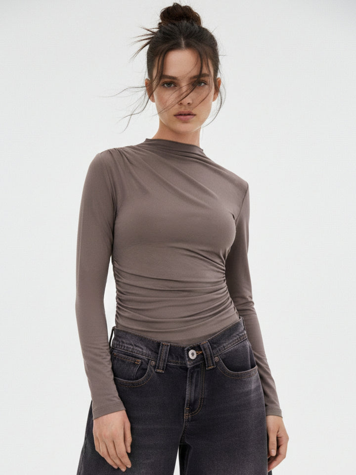 Brown One Side Ruched Fitted Top