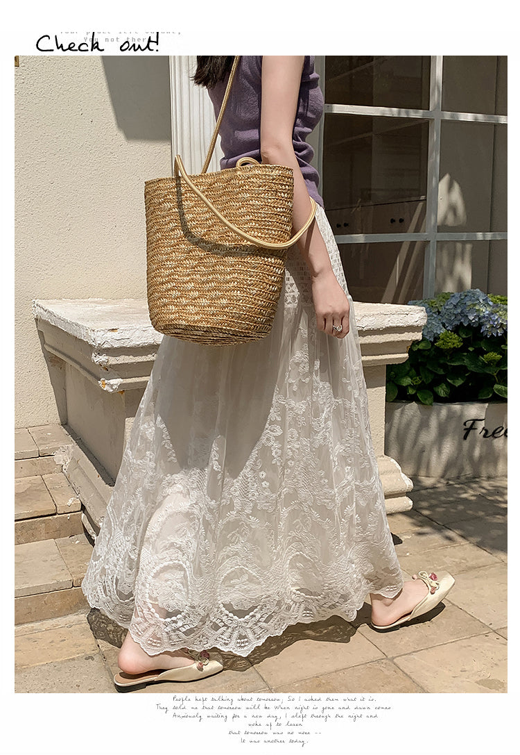 Cream Sheer Lace Long Skirt