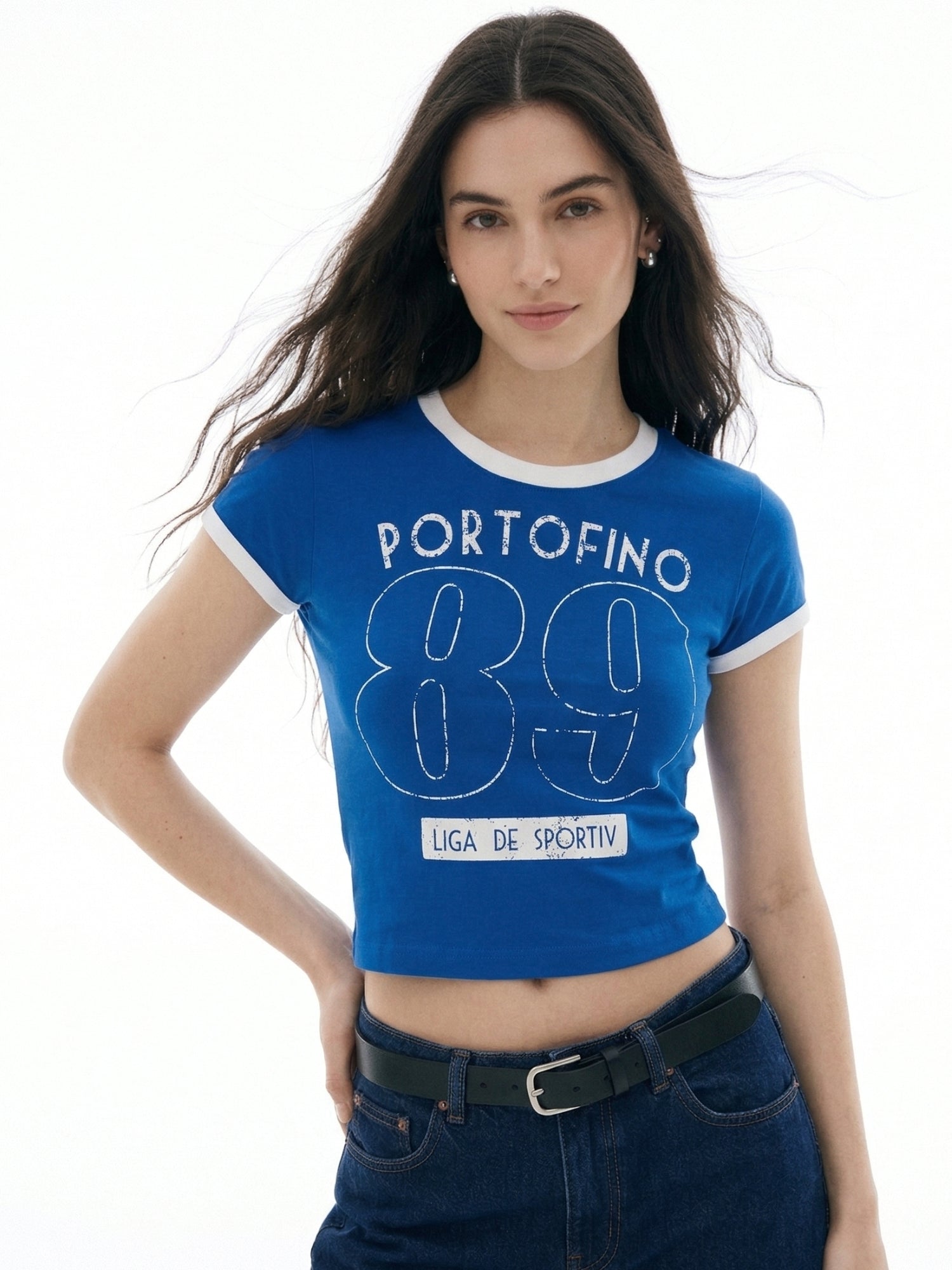 Blue Raglan Cropped Top With Graphic Print