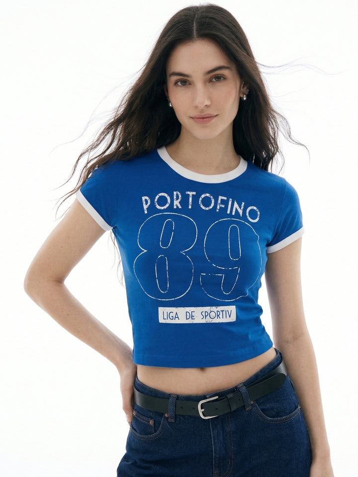 Blue Raglan Cropped Top With Graphic Print