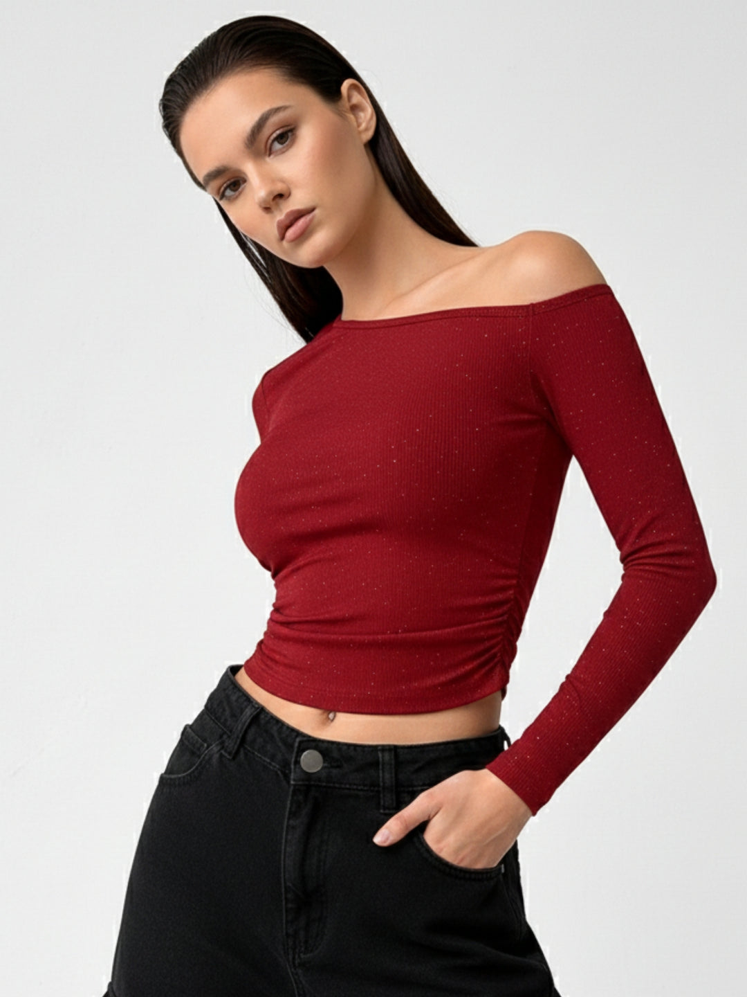Red One Shoulder Fitted Shimmer Top
