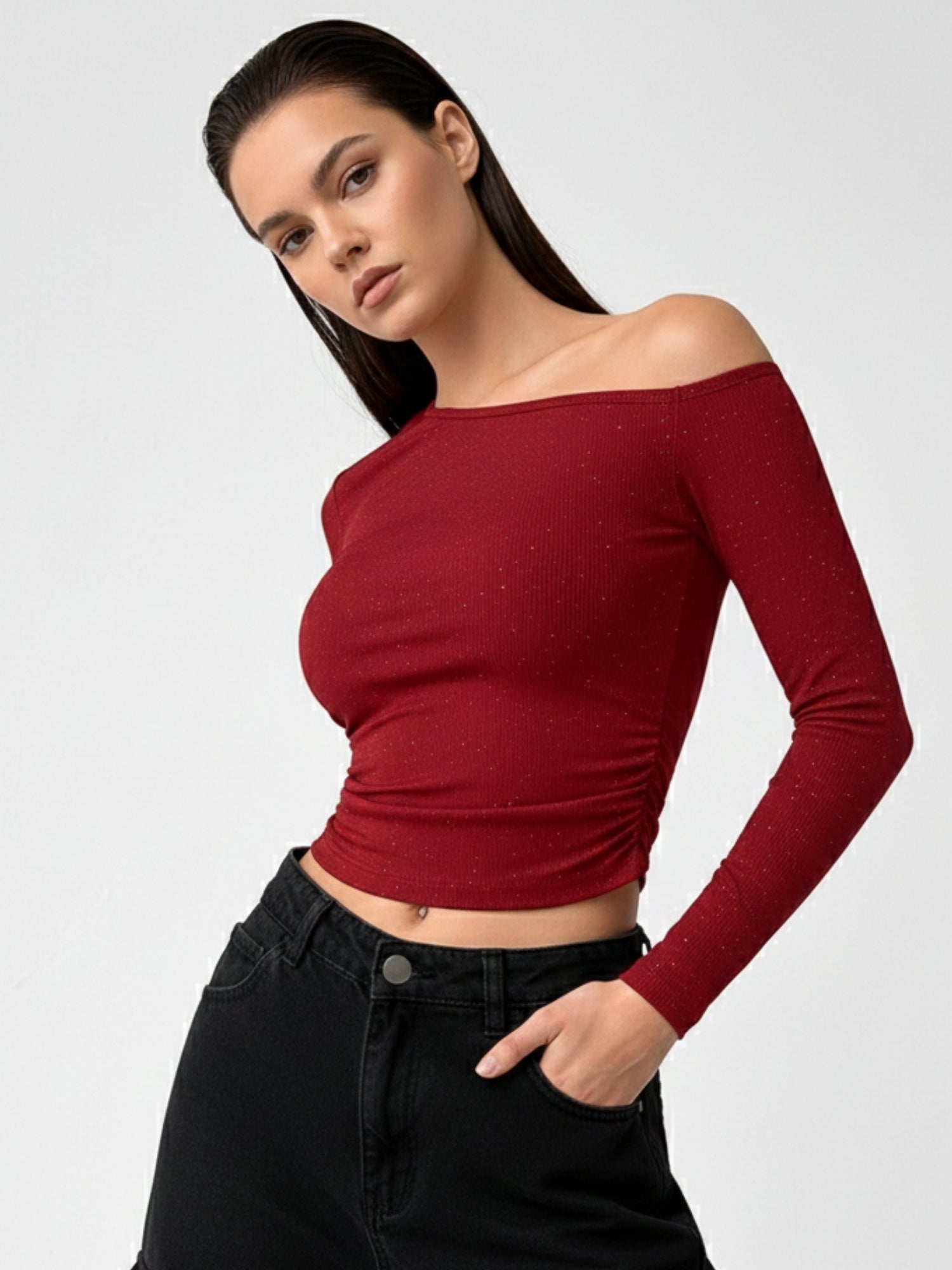 Red One Shoulder Fitted Shimmer Top