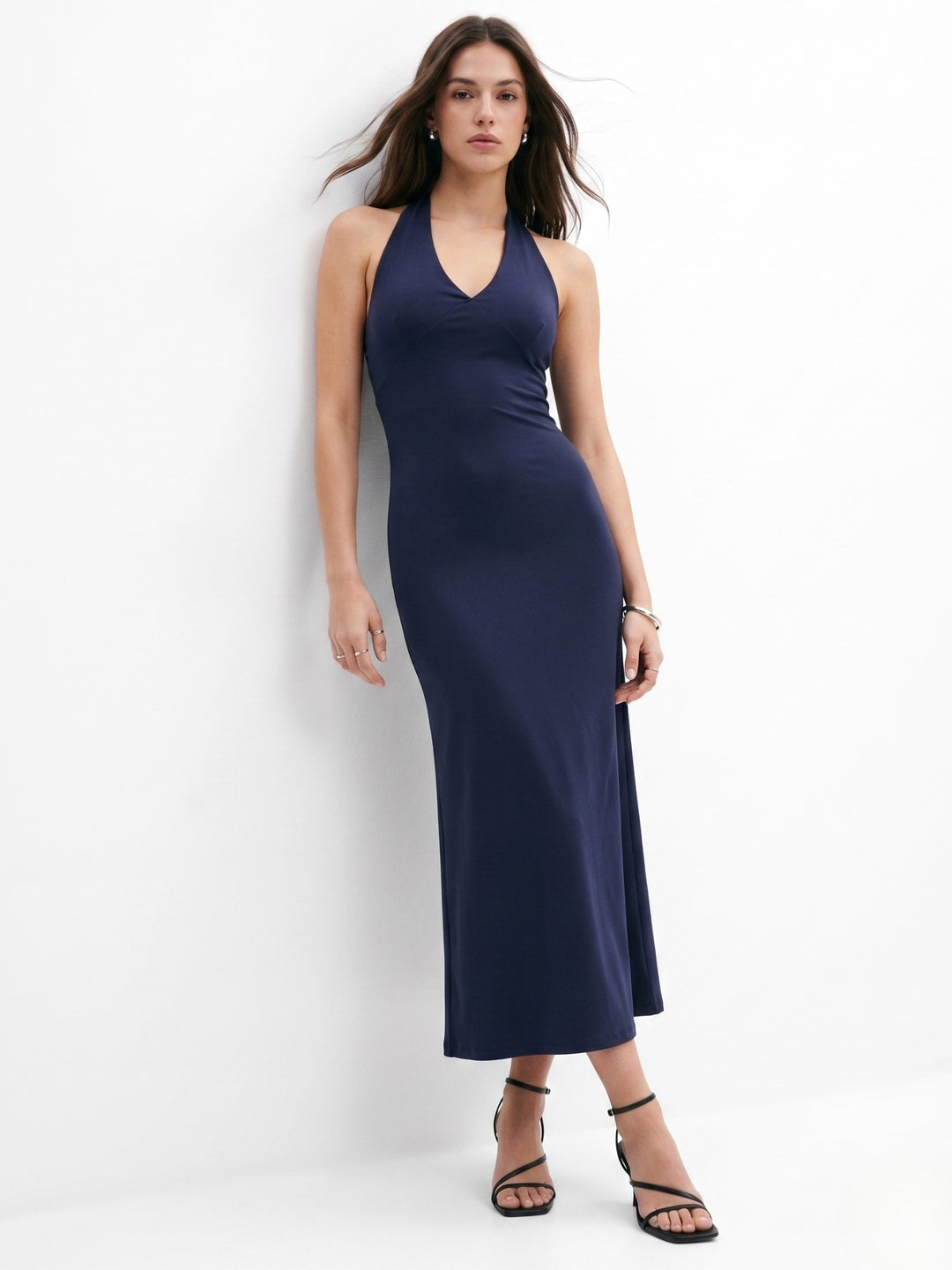 Navy Blue Halter Neck Back Tie Up Midi Dress
