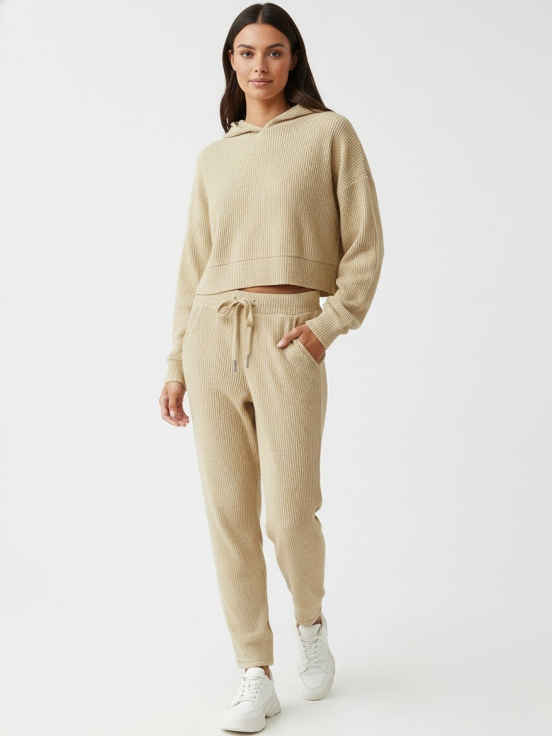 Beige Full Sleeve Hooded Sweatshirt And Pant Set