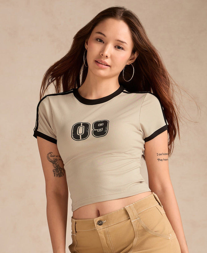 Beige Cotton Ribbed Contrast Detail Crop Tee