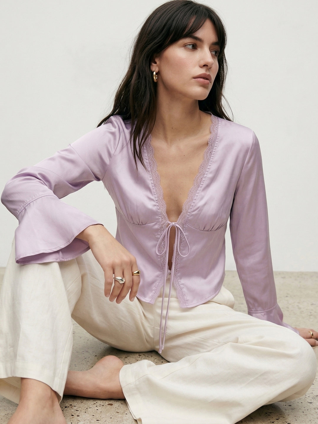 Pink Bell Sleeves Front Tie-Up Lace Top