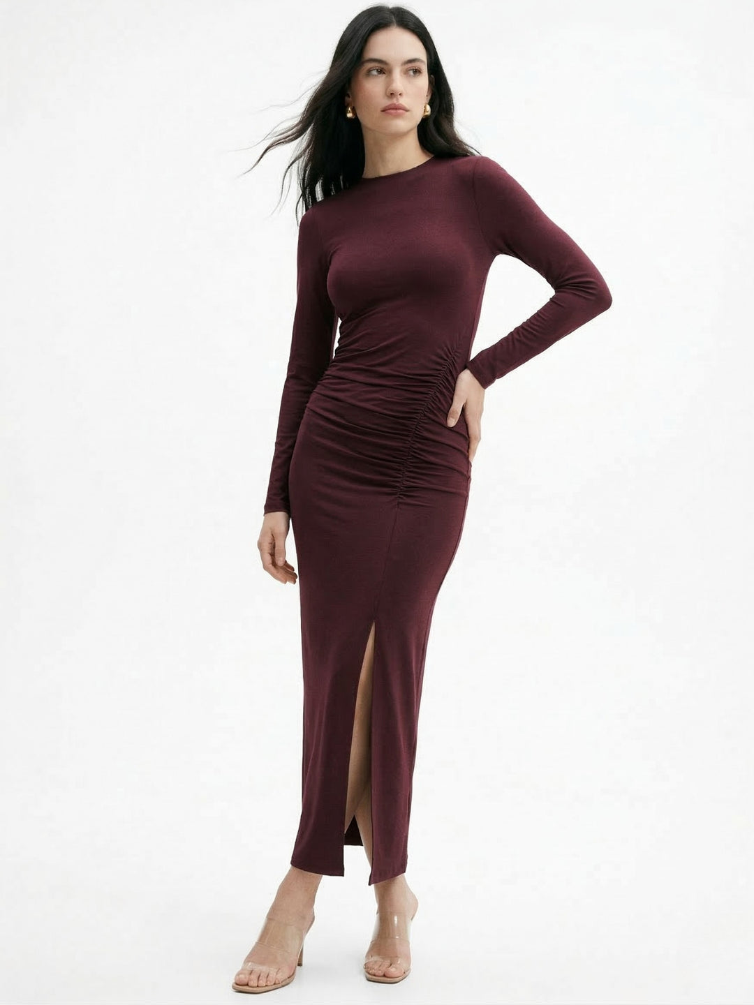 Maroon Boat Neck Side Ruched Thigh High Slit Dress