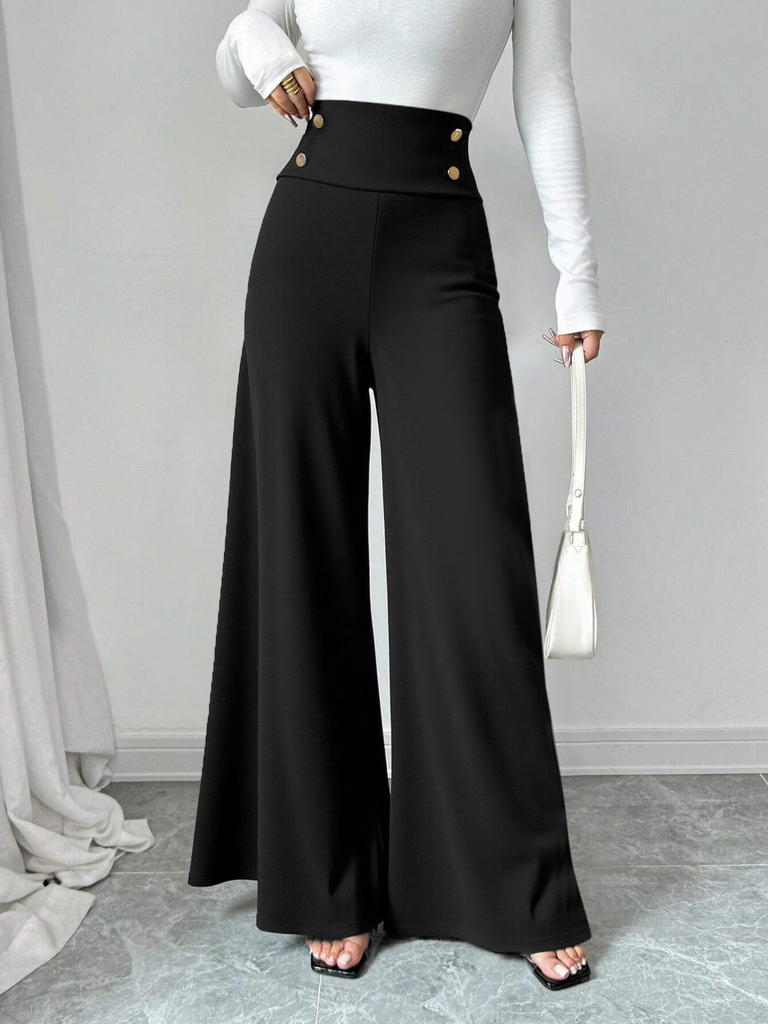 Black High Waist Wide Leg Pant With Side Buttons Detail