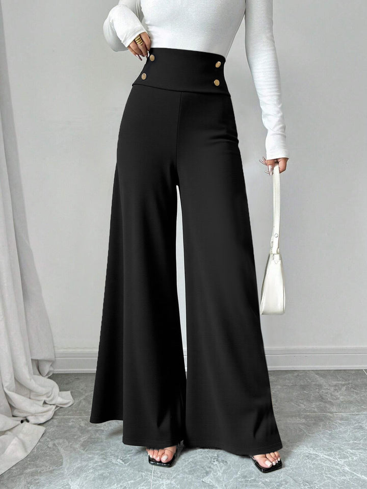 Black High Waist Wide Leg Pant With Side Buttons Detail