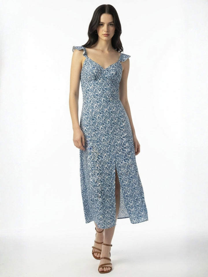 Blue Ruffle Sleeve Side Slit Dress