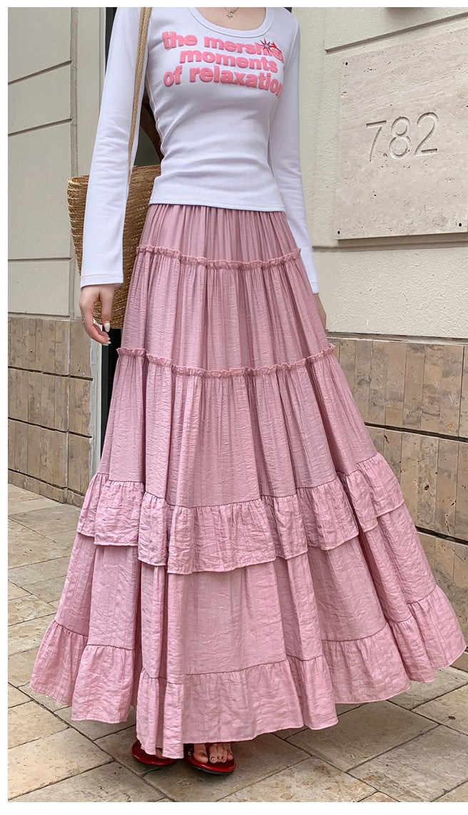 Pink Textured Layered Ruffled Skirt
