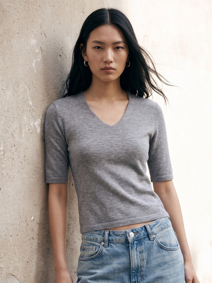 Grey V Notch Neck Fitted Top
