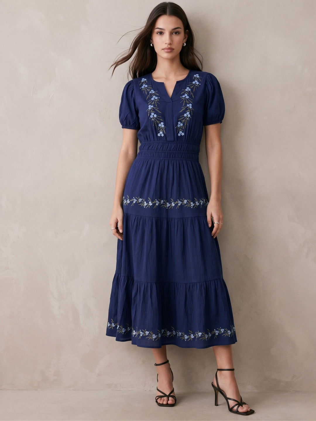 Navy Blue Embroidered V-Neck Short Sleeves Dress
