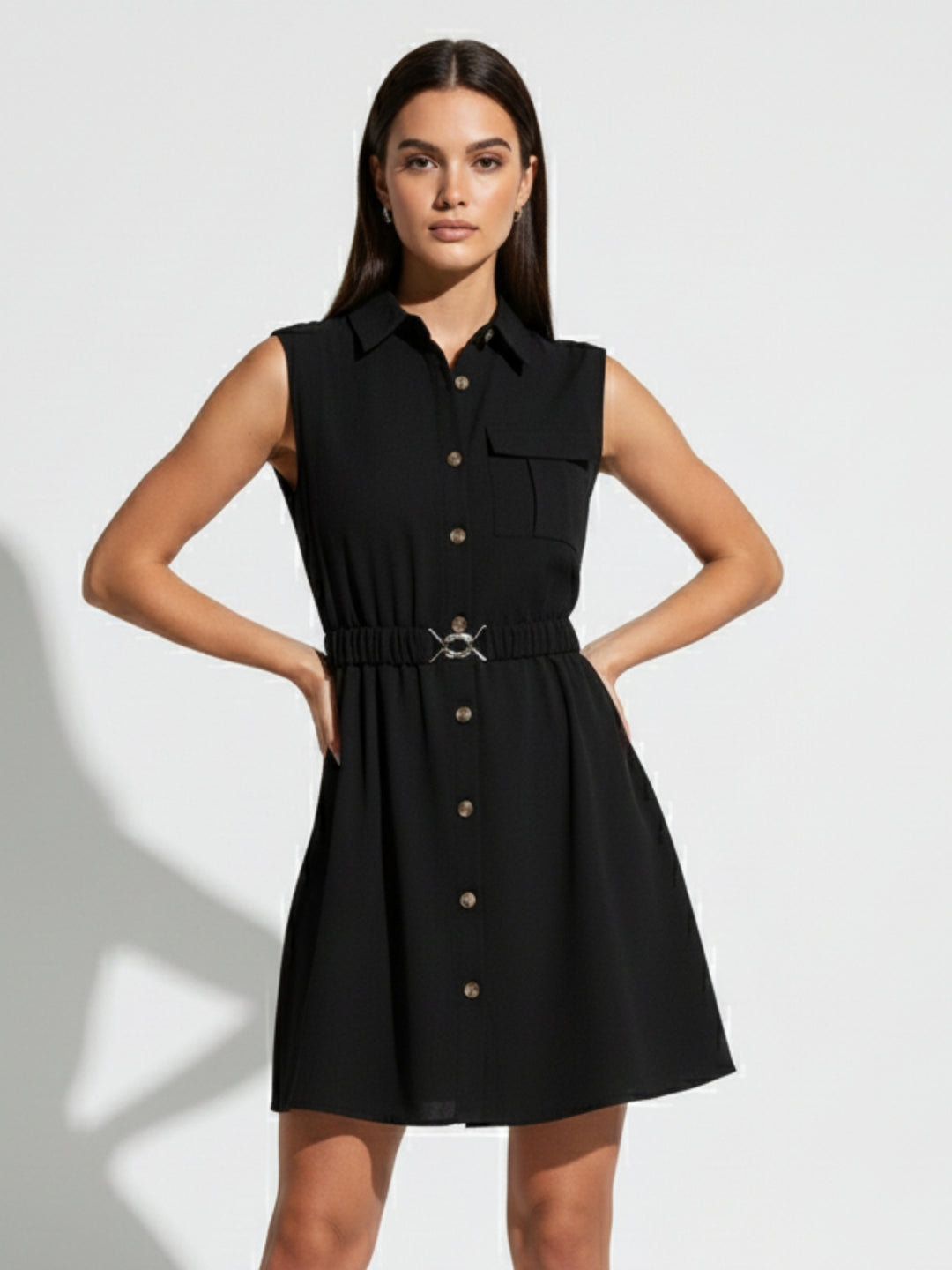 Black Waist Tie-Up Collared Dress