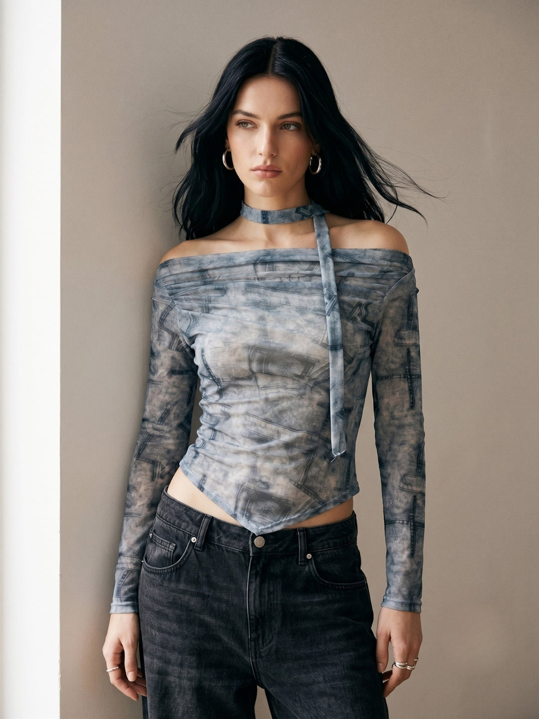 Blue Off-Shoulder Printed Top With Neck Tie Detail