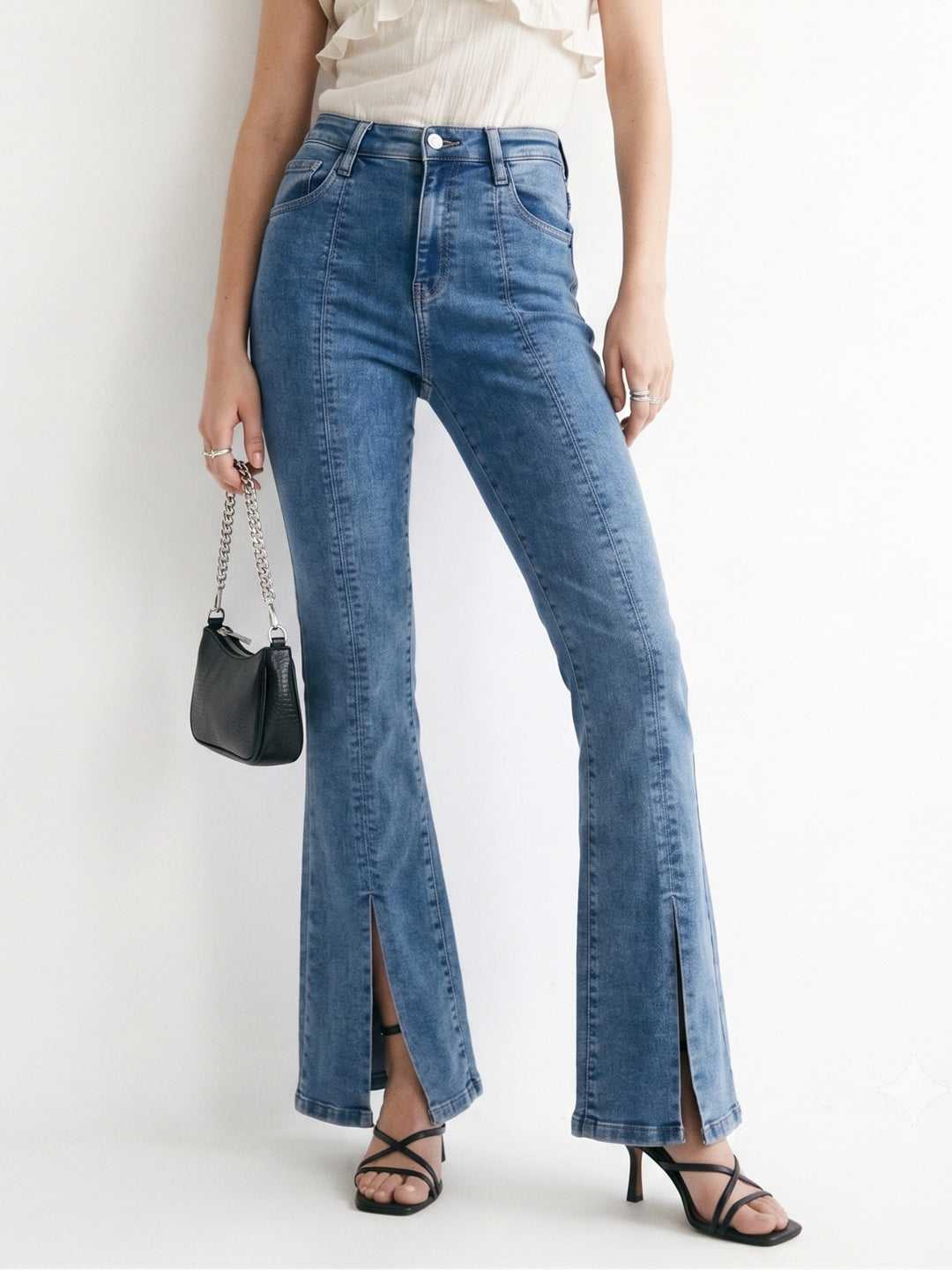Light Blue High-Rise Knitted Denim Flared Jeans With Front Slit.