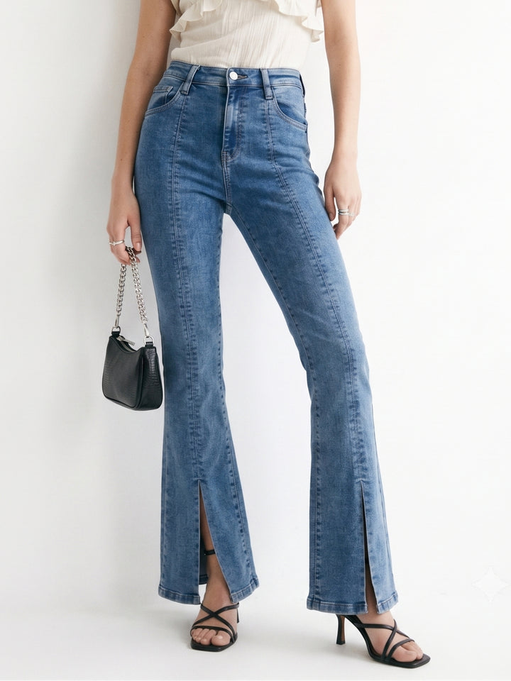 Light Blue High-Rise Knitted Denim Flared Jeans With Front Slit.