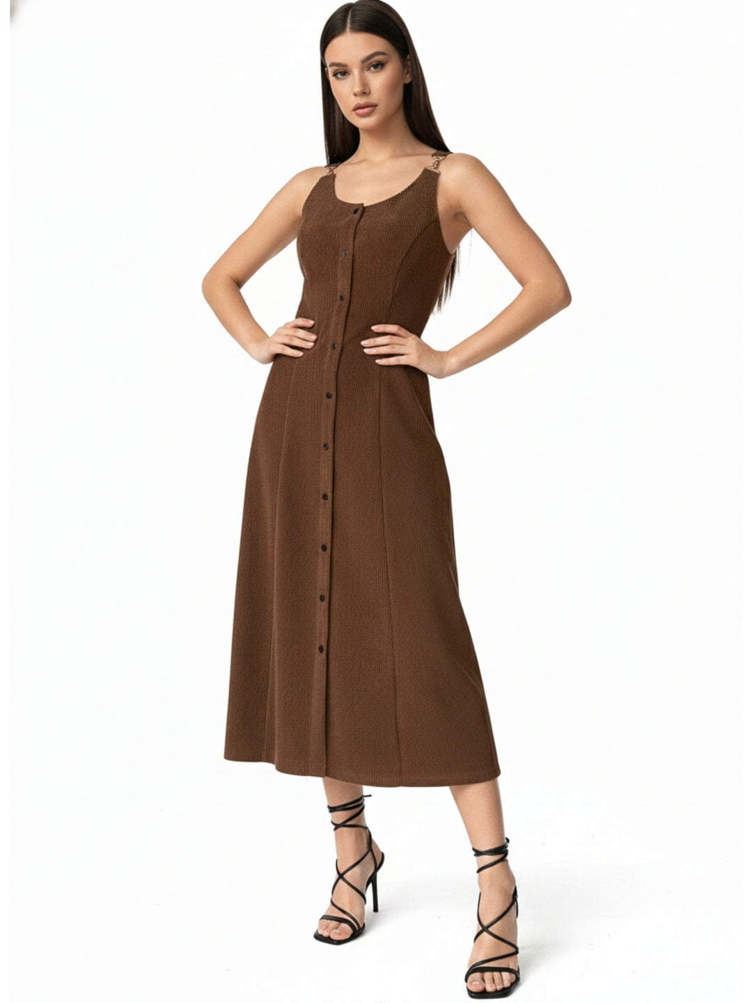 Brown Textured Buckle Strap Dress