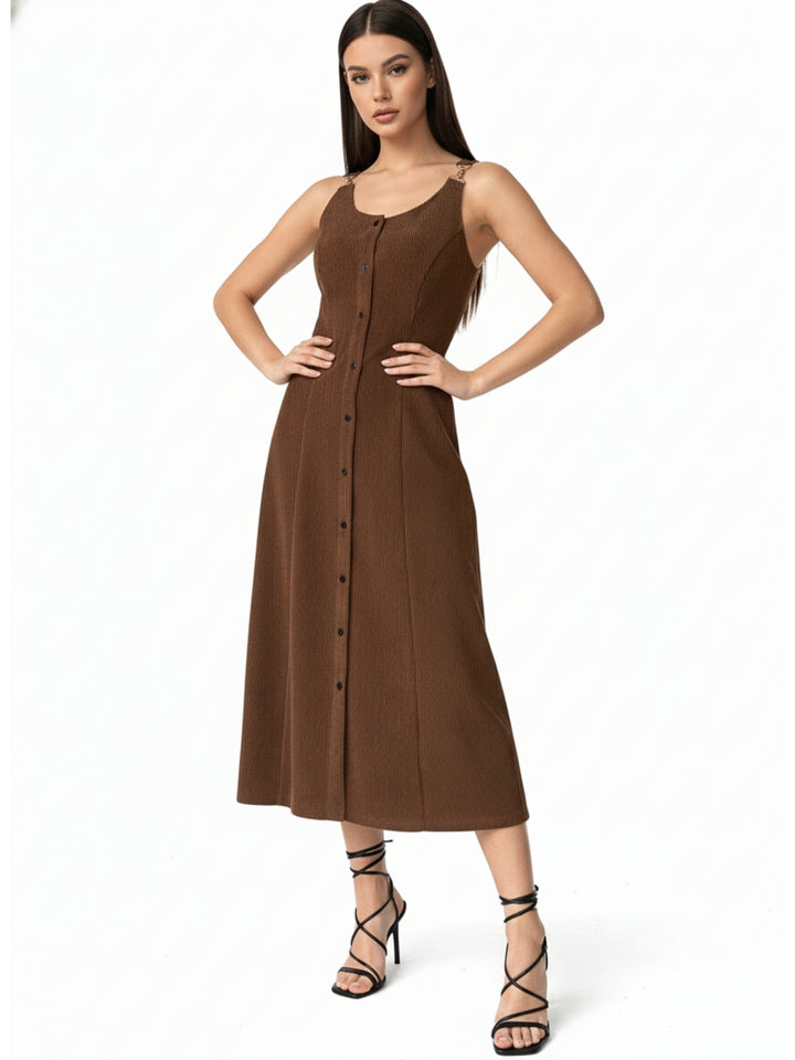 Brown Textured Buckle Strap Dress