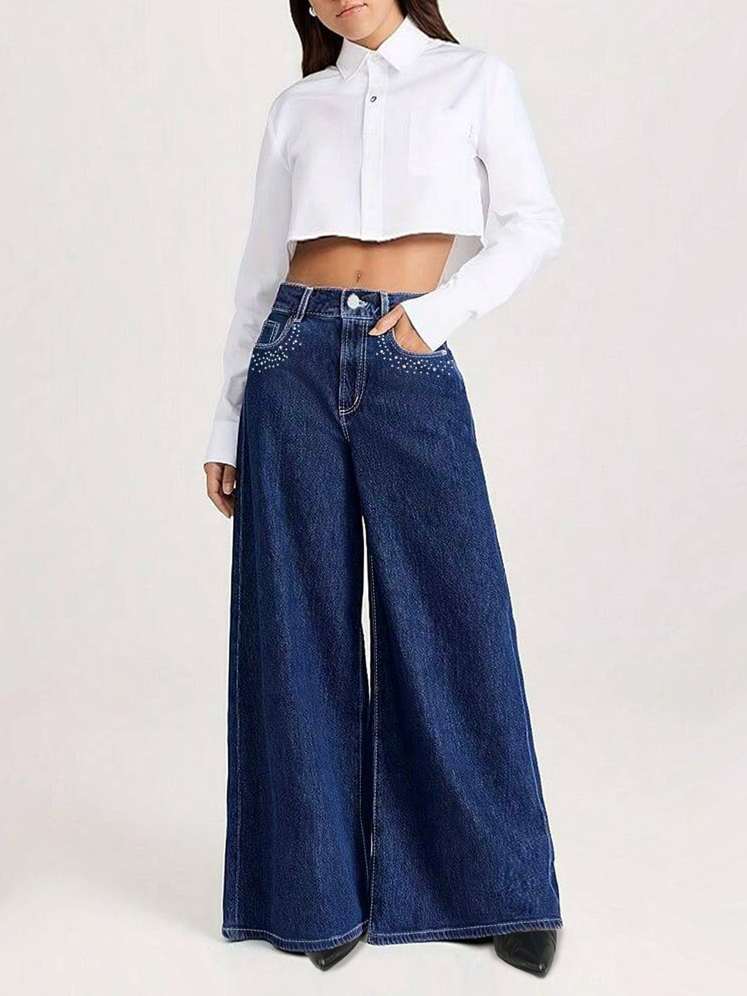 Navy Blue Wide Leg Denim With Pocket Embelishments