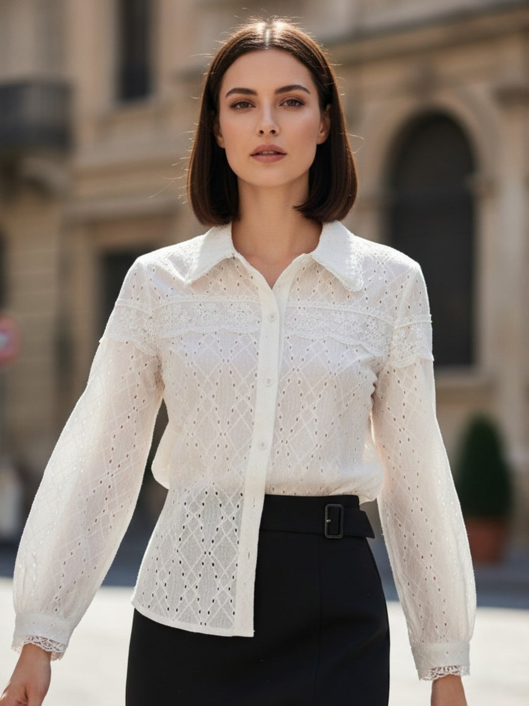 Off White Textured Stylized Collar Shirt
