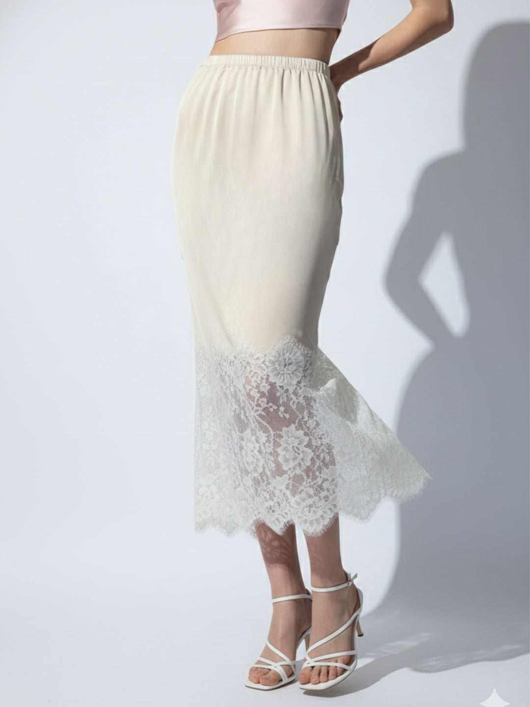 Cream Maxi Skirt With Lace Inserts