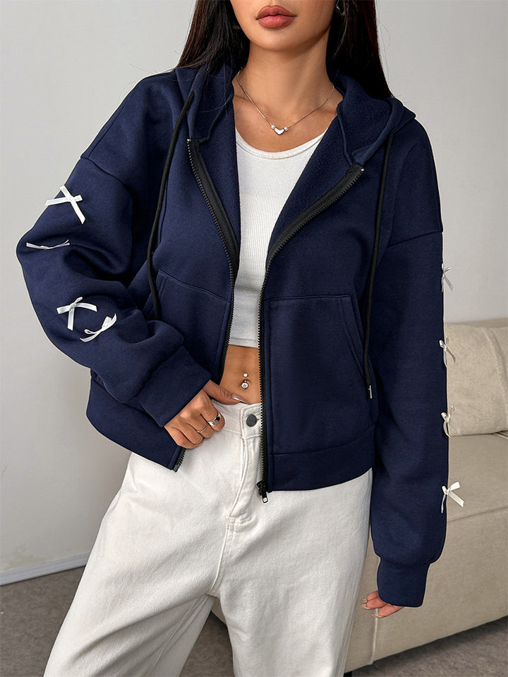 Navy Blue Full Sleeve Bow Detail Front Zip Jacket