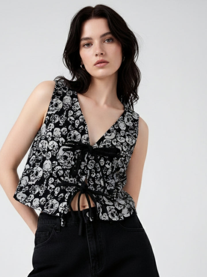 White Sleeveless Front Tie-Up Printed Top
