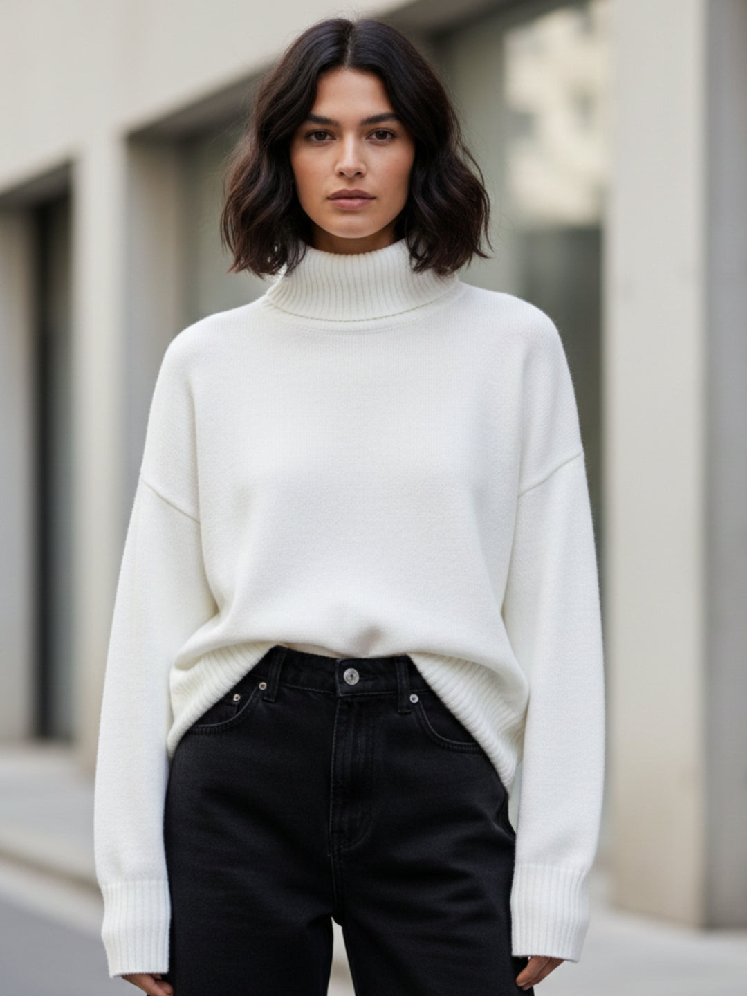 White Turtle Neck Oversized Solid Sweater